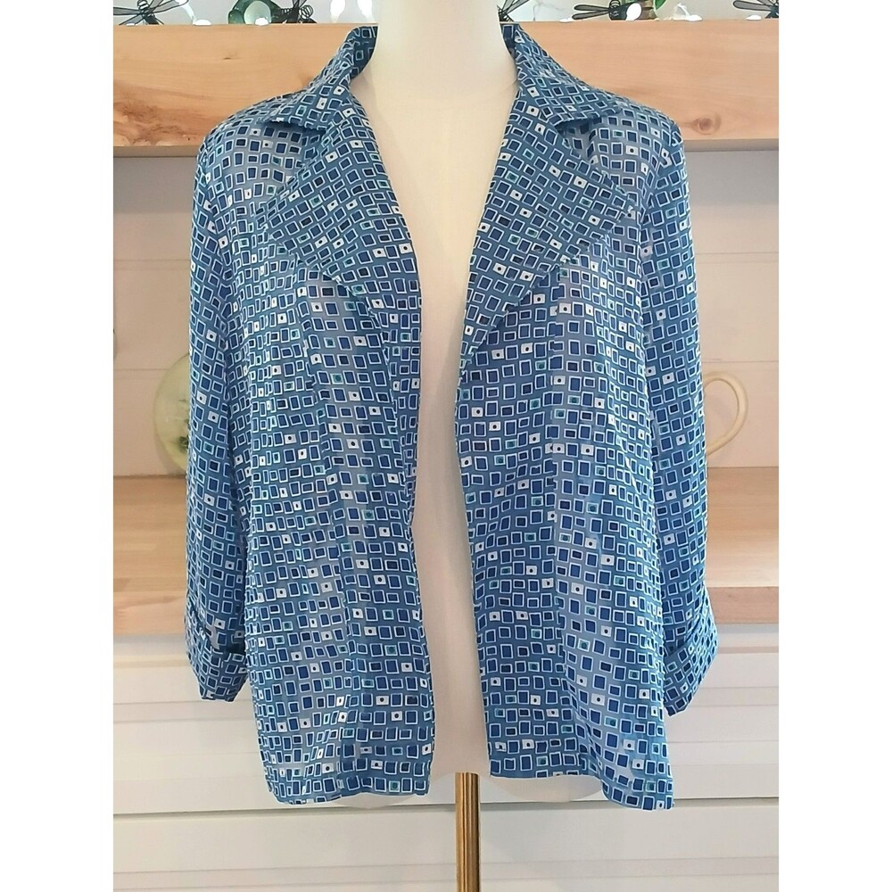 Drapers & Damons Open Front Blue Square Pattern Sheer Top 3/4 Sleeve Size Large